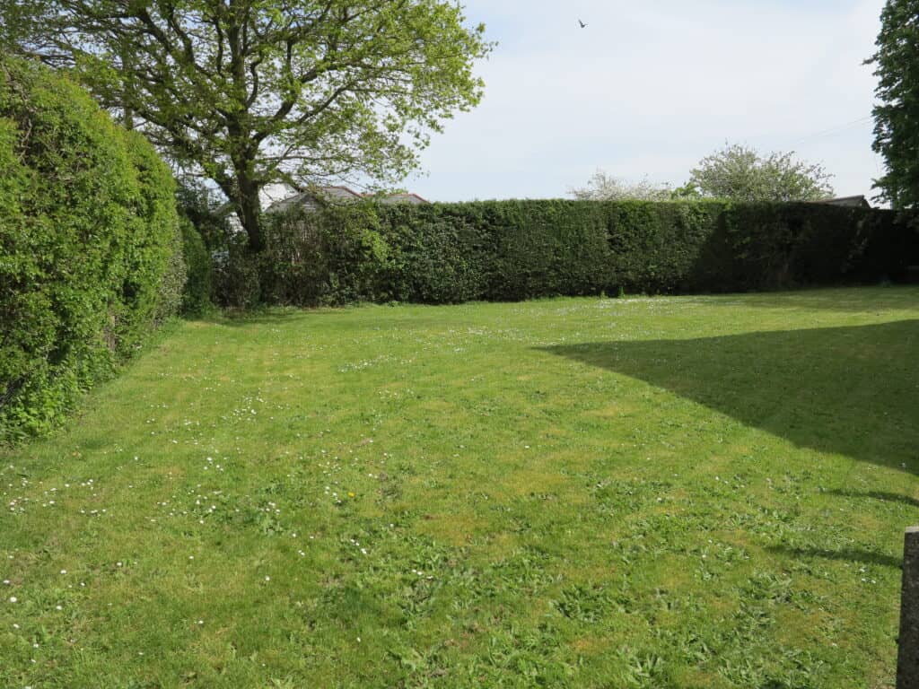 Spacious green garden at Wellow Village Hall with trees and hedges.