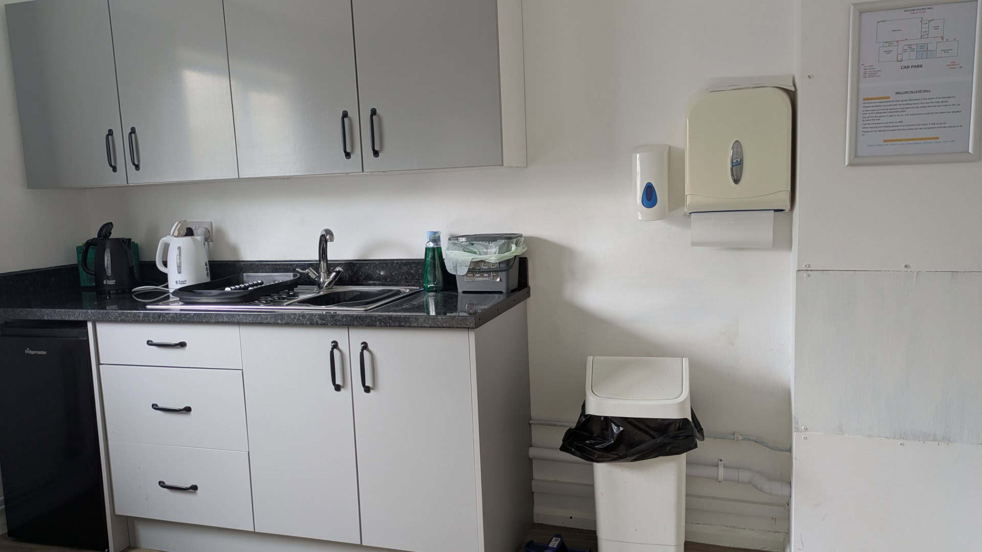 Kitchen area in the Embley Room at Wellow Village Hall.
